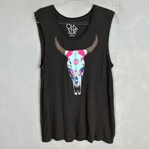Chaser size L tank cow skull western Aztec brown 100% cotton